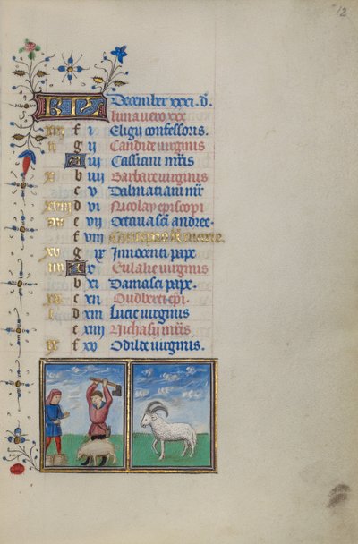 Kalenderseite für Dezember; Schweineschlachtung; Steinbock von Master of the Lee Hours