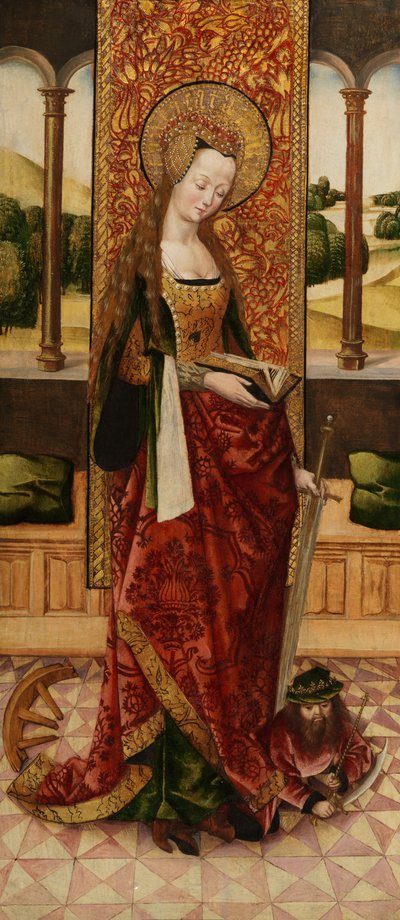 Triptychon der Jungfrau und des Kindes mit zwei Engeln, Detail der Heiligen Katharina von Alexandria vom linken Flügel, ca. 1500 von Master of the Lee Triptych Master of the Lee Triptych