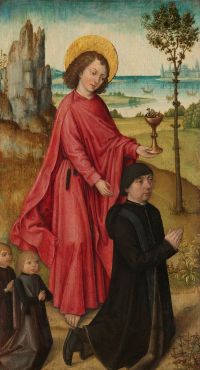 Ein Stifter und seine zwei Söhne mit dem heiligen Johannes dem Evangelisten von Master of the Legend of Saint Ursula