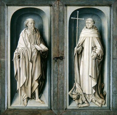 St. Paul und St. Benedikt, geschlossene Tafeln des Verkündigungstriptychons, ca. 1483 von Master of the Legend of St. Ursula
