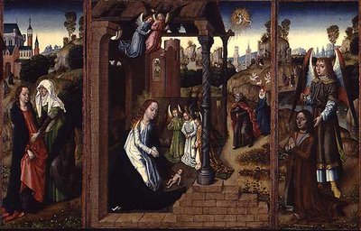 Die Geburt Christi mit der Heimsuchung und dem Erzengel, der den Stifter präsentiert von Master of the Legend of St. Ursula