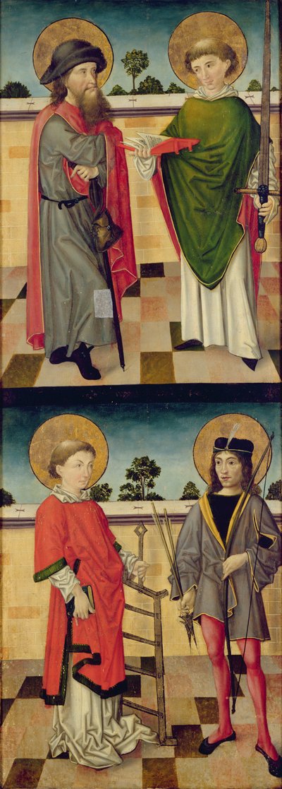 Oben: St. Jakob als Pilger und St. Matthäus mit einem Buch und einem Schwert; Unten: St. Laurentius mit einem Rost und St. Sebastian mit einem Bogen und Pfeil, Rückseite eines Panels von einem Altarbild von Master of the Luneburg Footwashers
