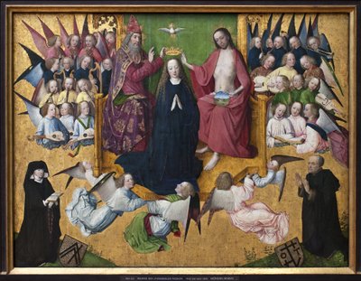 Die Krönung Mariens. Darstellung der Heiligen Dreifaltigkeit: Gott, Jesus Christus und die Taube des Heiligen Geistes. von Master of the Lyversberg Passion
