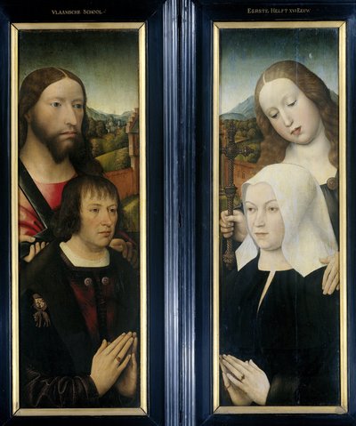 Zwei Flügel eines Triptychons mit dem Stifter Thomas Isaacq, begleitet von St. Thomas (links, Außenflügel), und der Frau des Stifters, begleitet von St. Margareta (rechts, Außenflügel) von Master of the Magdalen Legend