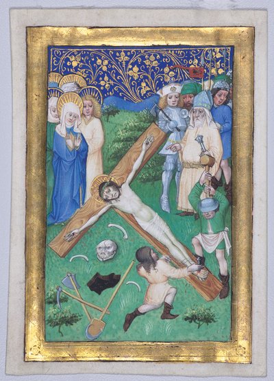 Blatt aus einem Stundenbuch: Christus wird ans Kreuz genagelt von Master of the Maximilian Schoolbooks