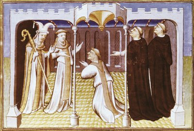 Bruder Ricoldo da Monte di Croce vor den Nestorianern - RICOLDO DA MONTE DI CROCE (1242-1320). Italienischer Dominikanermönch, großer Spezialist für den Islam. Mönch Ricoldo da Monte di Croce vor den Nestorianern. Werk des Meisters von Mazarine von Master of the Mazarine