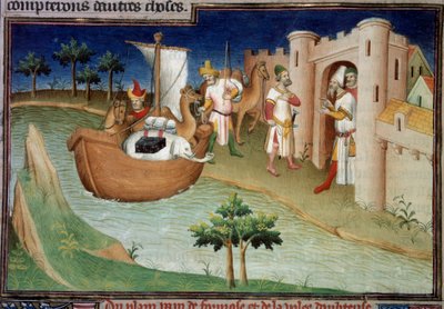 Die Polo-Brüder (einschließlich Marco Polo) kommen in Ormuz aus Indien auf einem Frachtschiff an. Miniatur in Das Buch der Wunder (Devisement du monde, Il Milione) (Ms. 2810, Folio 14v). Manuskript illuminiert vom Meister von Mazarine von Master of the Mazarine