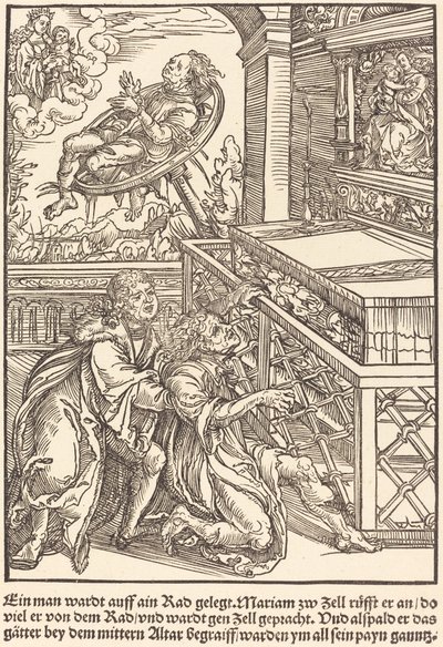 Ein Mann wurde auf ein Rad gespannt ... von Master of the Miracles of Mariazell