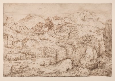 Landschaft mit einem Künstler, der skizziert, ca. 1606-08 (Feder und Tinte & schwarze Kreide auf Papier) von Master of the Mountain Landscapes
