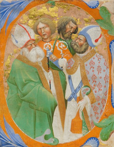Manuskript-Illumination mit vier Heiligen in einem Initial O, aus einem Chorbuch, Italien von Master of the Murano Gradual