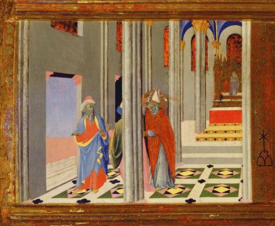 Der heilige Ambrosius verweigert dem römischen Kaiser Theodosius I. den Zutritt zur Kirche in Mailand (Detail) von Master of the Osservanza