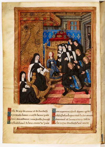 Gedenken und Warnung vor dem Tod (...) von Madame Anne (...) Herzogin der Bretagne (...): Miniatur der Widmung, die den Autor Pierre Choque zeigt, wie er sein Werk der Königin Anne de Bretagne übergibt, die Claude als ihre Erbin bestimmt. von Master of the Paris Entries
