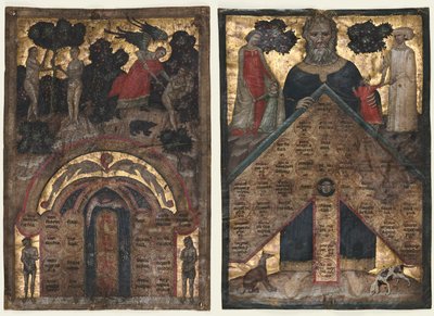 Blätter aus einem Band von Johannes Andreas "Lectura super arboris consanguinitatis et affinitatis: Tabelle der Affinität und Tabelle der Blutsverwandtschaft" von Master of the Register of 1328