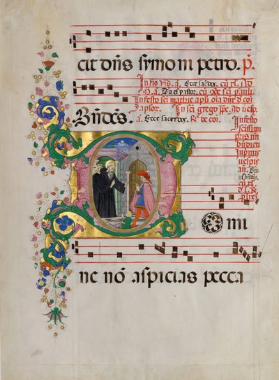 Manuskriptblatt mit dem heiligen Benedikt, der einen Jungen in einem Initial D wiederbelebt, aus einem Antiphonar von Master of the Riccardiana Lactantius