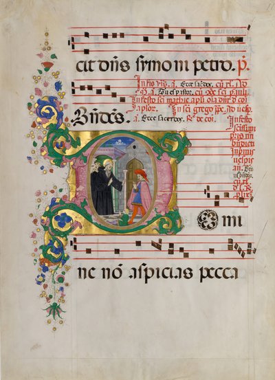 Manuskriptblatt mit dem Heiligen Benedikt, der einen Jungen in einem Initial D wiederbelebt..., zweite Hälfte des 15. Jahrhunderts von Master of the Riccardiana Lactantius
