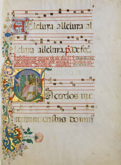 Manuskriptblatt mit der Feier einer Messe in einem Initial S von Master of the Riccardiana Lactantius