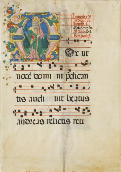 Manuskriptblatt mit dem Fest des Heiligen Andreas in einem Initial M ..., zweite Hälfte des 15. Jahrhunderts von Master of the Riccardiana Lactantius