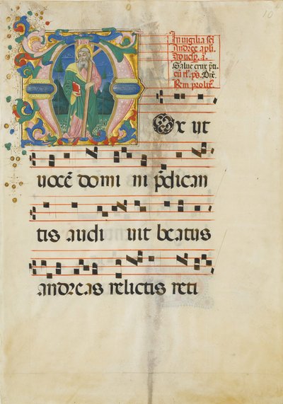 Manuskriptblatt mit dem Fest des Heiligen Andreas in einem Initial M..., zweite Hälfte des 15. Jahrhunderts von Master of the Riccardiana Lactantius