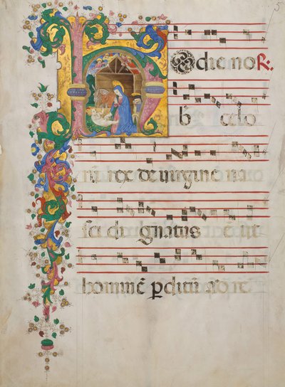 Manuskriptblatt mit der Geburt Christi in einem Initial H, aus einem Antiphonar, Italien, zweite Hälfte des 15. Jahrhunderts von Master of the Riccardiana Lactantius
