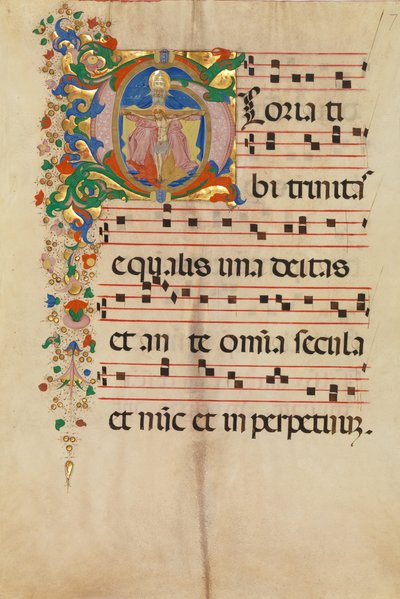 Manuskriptblatt mit der Dreifaltigkeit in einem Initial G, aus einem Antiphonar, Italien, 2. Hälfte des 15. Jahrhunderts von Master of the Riccardiana Lactantius