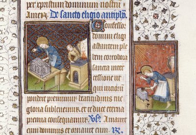 Ms 62 f.215r St. Eligius fertigt ein Heiligtum an; St. Eligius an einem Amboss, aus einem Stundenbuch von Master of the Rohan Hours