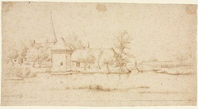 Landschaft mit einem Dorf mit Wassergraben, 1559-1561 von Master of the Small Landscapes