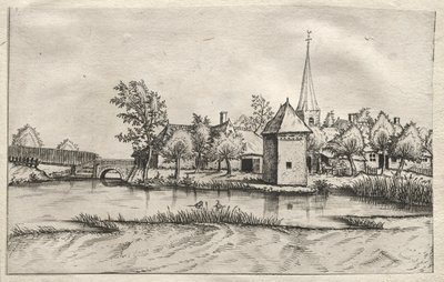 Ansichten von Dörfern in Brabant und Campine: Ein Dorf mit Wassergraben, um 1561 von Master of the Small Landscapes