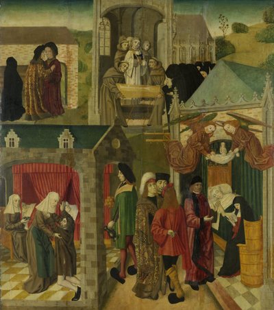 Die heilige Elisabeth von Ungarn pflegt die Kranken in Marburg, Tod der heiligen Elisabeth, innerer rechter Flügel eines Altars für die Grote Kerk in Dordrecht von Master of the St Elizabeth Panels