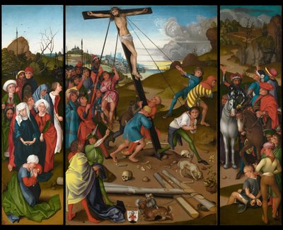 Die Kreuzaufrichtung [Mittel-, linkes und rechtes Panel] von Master of the Starck Triptych