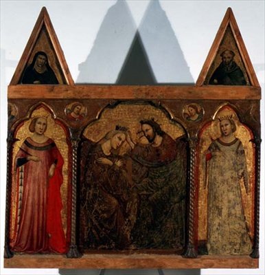 Triptychon: Krönung der Jungfrau flankiert von zwei Heiligen von Master of the Urbino Coronation