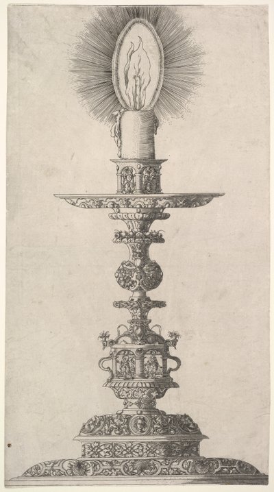 Kerzenhalter mit brennender Kerze aus: Insigne Ac Plane Novum Opus Cratero graphicum, 1551 von Mathias Zundt