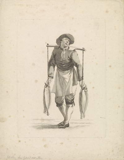 Fischverkäufer trägt Fische an einem Joch von Mathias de Sallieth
