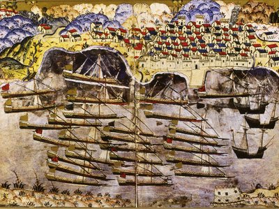Barbarossas Flotte überwintert im französischen Hafen von Toulon, 1543, Mitte des 16. Jahrhunderts von Matrakci Nasuh