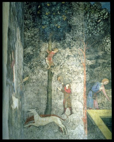 Jagdhunde und Männer klettern auf einen Baum, Detail (Dekorationsschema aus La Chambre du Cerf) von Matteo Giovanetti