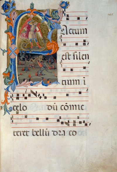 Erzengel Michael besiegt die Dämonen. Miniatur zugeschrieben Matteo Torelli, aus einem Antiphonar von 1394 (Corale 5, c. 105v) von Matteo di Filippo Torelli