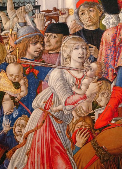 Das Massaker der Unschuldigen (Detail eines Soldaten, der ein Baby mit seinem Schwert durchbohrt) von Matteo di Giovanni di Bartolo