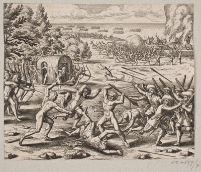Sobald sie das Lager der Wilden erreichten, sah Herr St. John 300 Kariben von Matthäus Merian d.Æ.