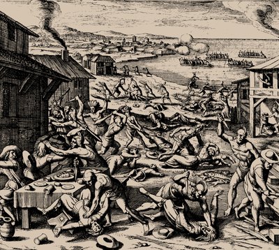 Powhatan-Angriff am 22. März 1622, 1628 von Matthaus the Elder Merian