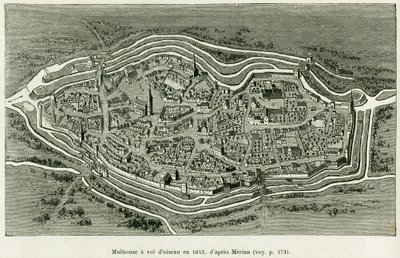Mulhouse fliegt 1642. Gravur von Matthäus Merian (1593-1650) zur Illustration der Geschichte „Durch Elsass und Lothringen“ von Charles Grad, deutscher Abgeordneter, 1885, in Le Tour du monde 1886, herausgegeben von Edouard Charton (1807-1890), Hachette, Pa von Matthaus the Elder (after) Merian