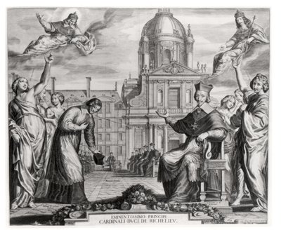 Robert de Sorbon (1201-94) und Kardinal Richelieu (1575-1642) vor der Sorbonne, graviert von Gregoire Huret (1606-70) 1639 von Matthaus the Elder Merian