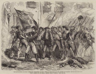 Die Revolution in Sizilien, freigelassene Gefangene führen ihren Wärter durch die Straßen von Palermo, bevor sie ihn erschießen von Matthew Somerville Morgan