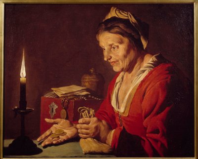 Geiz (Eine alte Frau betrachtet ihre Goldmünzen im Kerzenlicht) von Matthias (c.1600 p.1650) Stomer