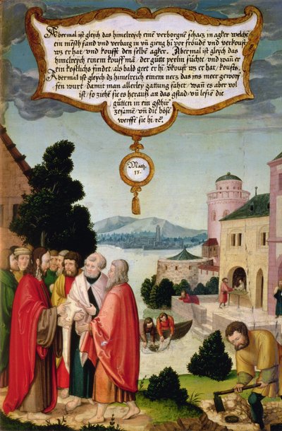 Das Himmelreich gleicht einem Netz, das ins Meer geworfen wurde und Fische aller Art sammelte (Matthäus 13) Illustration der Lehre Christi, Abschnitt des Flügelpanels vom Mompelgarter Altarbild von Matthias Gerung or Gerou