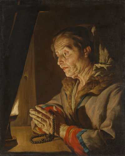 Alte Frau beim Beten, späte 1630er oder frühe 1640er Jahre von Matthias Stomer