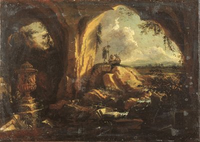 Innenansicht einer Grotte mit einer antiken Vase und Ruinen, drei Pilger am Eingang von Matthias Withoos