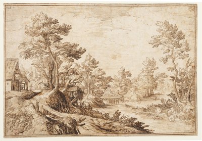 Landschaft mit Fluss und Dorf, ca. 1501-1600 von Matthijs the younger (after) Bril