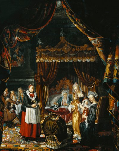 Ein prächtiges Interieur mit einer Familie, die die Geburt eines Kindes feiert von Matthys Naiveu
