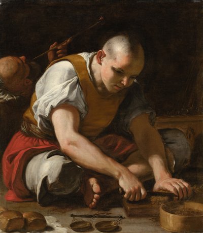 Ein Mann schneidet Tabak von Mattia (1613-99) Preti