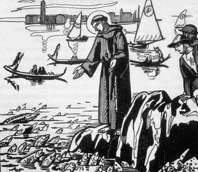 Der heilige Franz von Assisi predigt den Fischen in Rimini, graviert von Jacques Beltrand nach einer Zeichnung von Maurice Denis von Maurice (after) Denis