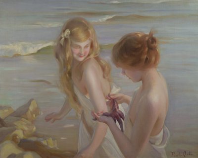 Zwei Mädchen mit einem Seestern am Strand von Maurice Chabas